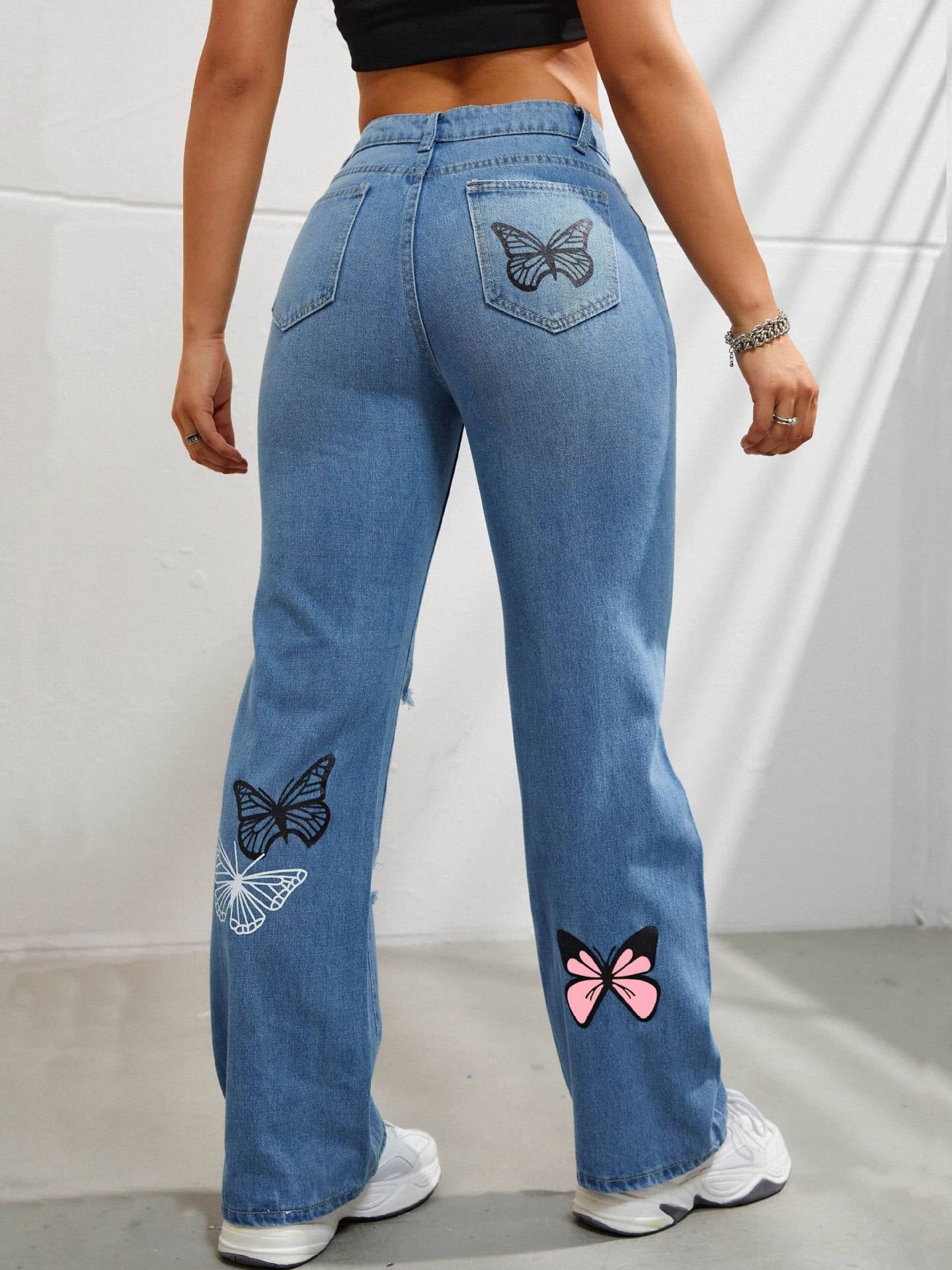 High Waisted Butterfly Ripped Jeans
