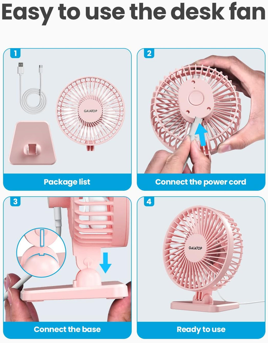 USB Desk Fan, Small but Powerful, Personal Portable Quiet 3 Speeds, Adjustable Mini Table Desktop Fan for Cooling Home Office Car Summer Travel Gifts Pink