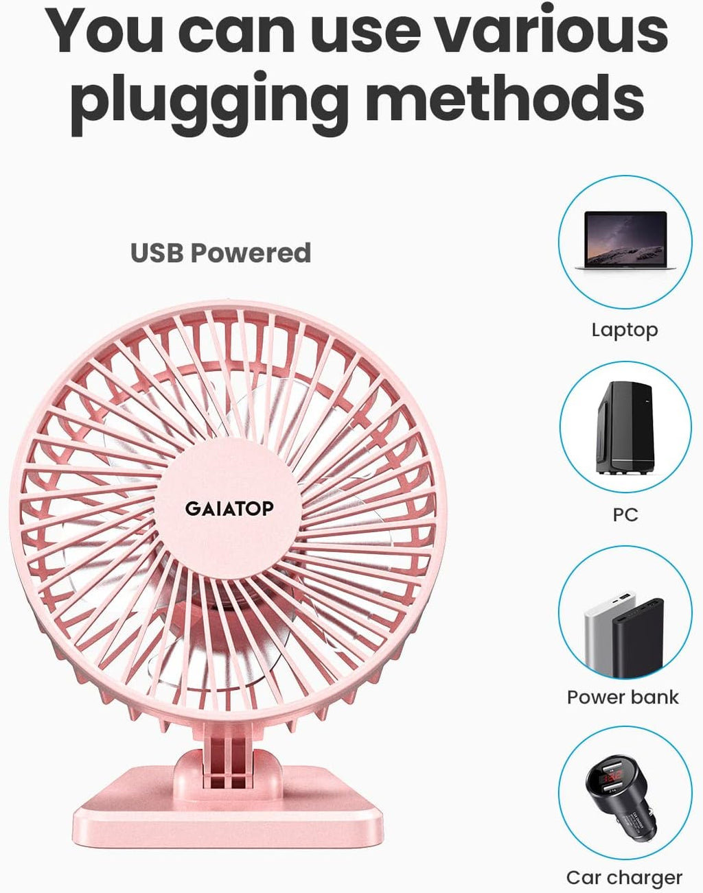 USB Desk Fan, Small but Powerful, Personal Portable Quiet 3 Speeds, Adjustable Mini Table Desktop Fan for Cooling Home Office Car Summer Travel Gifts Pink