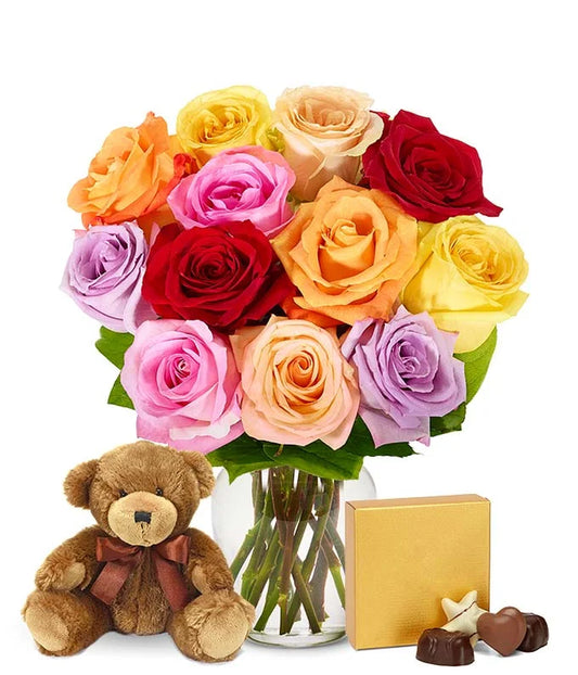Rainbow Roses™ with Chocolates & Teddy Bear